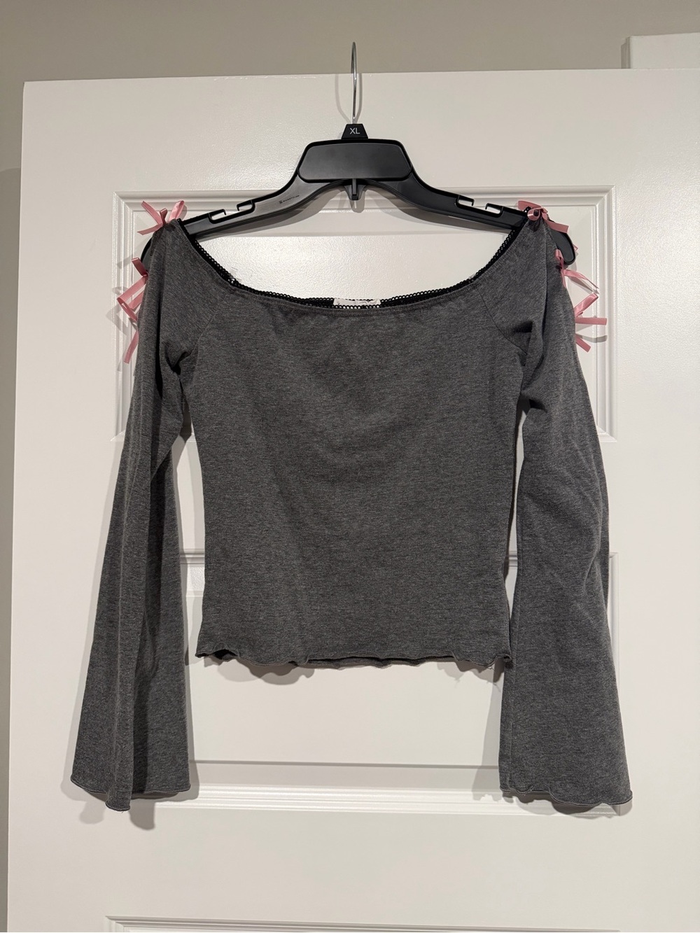 Lush Gray Coquette Off-Shoulder Long Sleeve Top with Pink Ribbon Ties